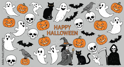 Spooky Happy Halloween pattern featuring grinning pumpkins, floating ghosts, witch, black cat, skulls, bats, and grim reaper on a light gray background