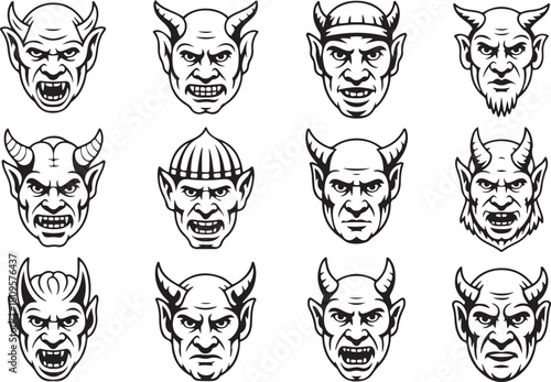 Intricate hand-drawn medieval gargoyle faces in monochrome style. Vector Black silhouettes. with white background