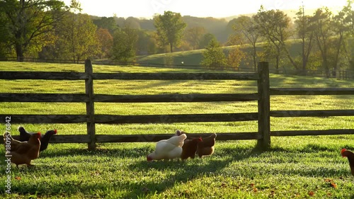 Rustic Country Chickens: A charming pastoral scene unfolds as a flock of chickens wanders freely through a sunlit field, bordered by a wooden fence against a backdrop of rolling hills.