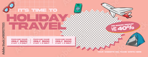 Retro travel agency web banner template for holiday tour promotion, adventure trips, online ticket booking, hotel resort packages, and travel deals marketing advertisement
