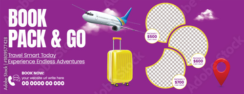 travel agency horizontal banner template design for holiday tour, vacation package, travel deals, hotel resort booking, and online ticket promotion.