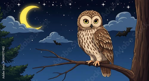 Owl Perched on Branch Under Crescent Moon and Starry Night Sky.