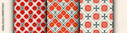 Red flowers Vintage Retro Modern Geometric seamless pattern texture background set. Trendy cubic blossom ornament print , banner, wrapping paper, greeting card