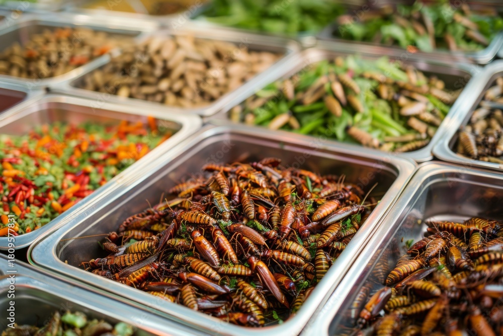 Fototapeta premium Various edible insects displayed in a market setting