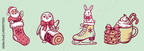 Cute Christmas set featuring Santa in a stocking, a penguin with a yule log, a bunny sitting on an ice skate, and a festive mug with whipped cream and gifts. Hand-drawn holiday illustrations in warm p