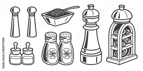 A collection of salt and pepper shakers and grinders are displayed on a white background.