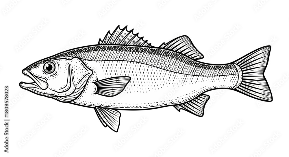 Fototapeta premium Hand Drawn Ocean or Sea and River Fish Illustration Bundle. A Collection of Salmon and Tuna or Pike and Anchovy, Herring, Trout, Dorado Sketches Silhouettes.