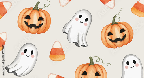 Delightful Halloween pattern with cute pumpkins, ghosts, and candy corn for festive designs perfect for invitations and decorations, adding a whimsical touch