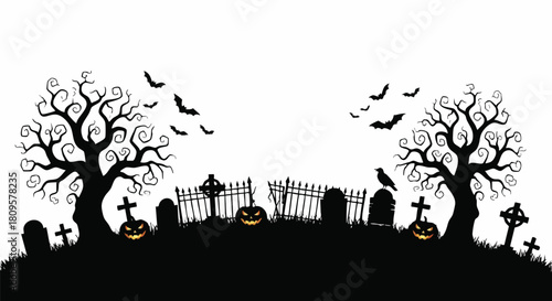 Spooky Halloween graveyard silhouette with pumpkins, bats and creepy trees for invitations, posters, and seasonal designs, perfect for eerie celebrations