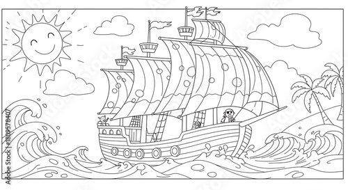 Pirate Ship Adventure - A Fun Coloring Page for Kids.