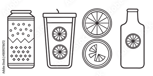 A can, cup, and bottle with citrus slices represent beverages.
