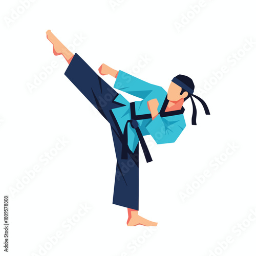 karate fighter kicking, blue uniform, action clip art preview