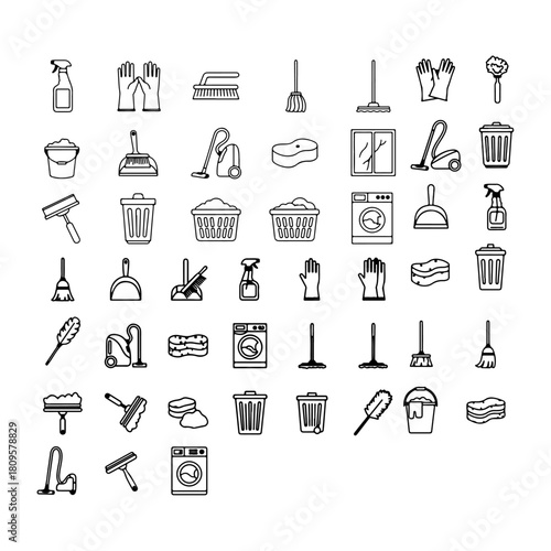 silhouette pack of cleaning items thin linear icons set