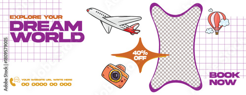 Retro and vintage style travel agency horizontal banner template design for holiday tour, vacation package, travel deals, hotel resort booking, and online ticket promotion.