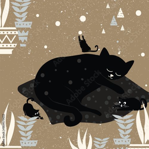 A serene black mother cat napping peacefully while her playful kittens explore and frolic around her