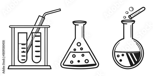 Scientific laboratory equipment featuring test tubes and flasks with bubbling liquids.