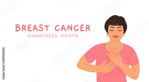 Breast cancer self examination awareness illustration with woman checking her breast, health education visual for prevention, early detection campaign, medical screening and womens healthcare support
