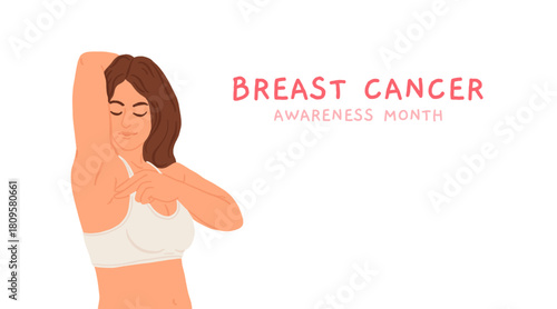Breast cancer self examination awareness illustration with woman checking her breast, health education visual for prevention, early detection campaign, medical screening and womens healthcare support