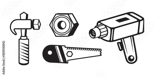 A collection of tools including a hammer, nut, saw, and a heat gun.