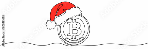 Cryptocoin minimalist line art with Santa hat for Christmas holiday