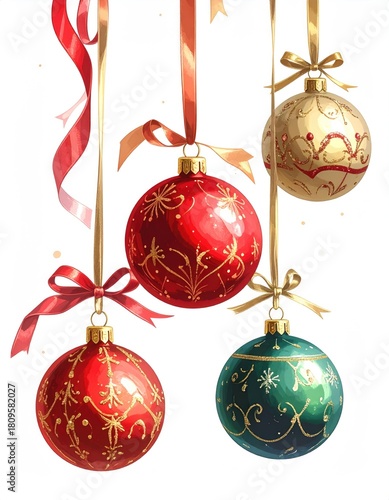 Ornate Christmas ornaments hanging from ribbons