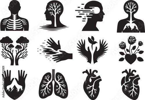 Surreal anatomical art nature and human body fusion in detailed. Vector Black silhouettes. with white background