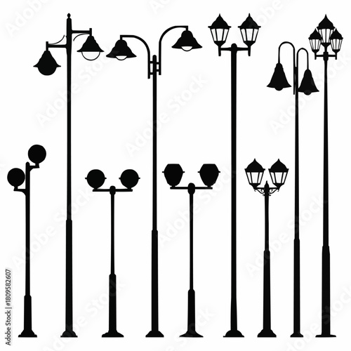 A diverse collection of urban street lamp silhouettes.