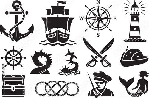 Nautical adventure set anchor, ship, compass, and more in vintage tattoo style ector Black silhouettes. with white background