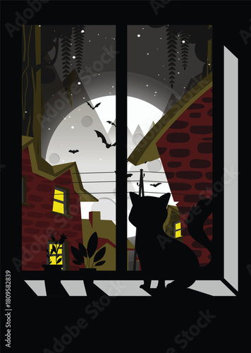 Mysterious black cat silhouette gazing out a window at a full moon, bats, and quaint town architecture