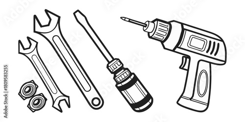 A collection of hand tools including wrenches, screwdrivers, and a power drill.