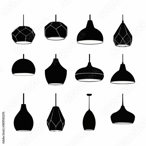 Collection of various modern and classic pendant light fixtures in silhouette.