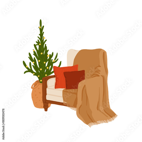 Christmas cozy armchair with blankets and pillows. Warm festive winter interior scene, comfy hygge holiday home decor illustration.