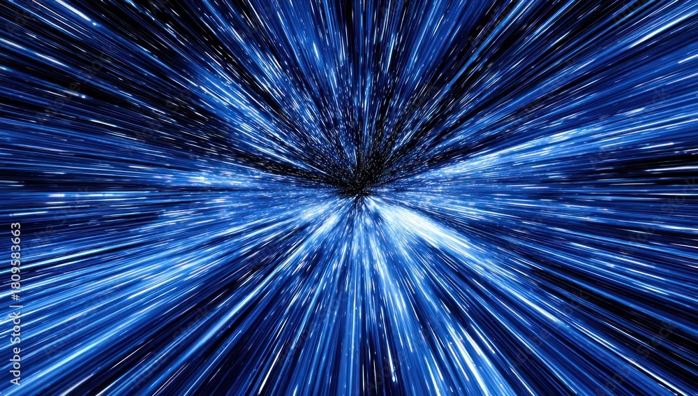 Fototapeta premium Abstract blue vortex effect; fast moving lines converge at a central dark point