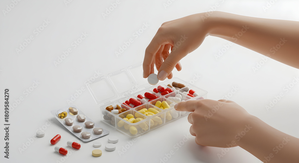 Obraz premium Organizing Daily Medications With Care: A Close-Up of Hands Sorting Pills and Vitamins for Optimal Health Management