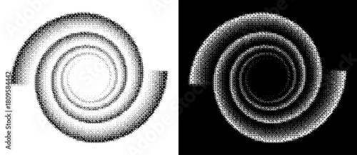 Abstract art background with dotted spiral. Stipple effect with chaotic noise. Black shape on a white background and the same white shape on the black side.