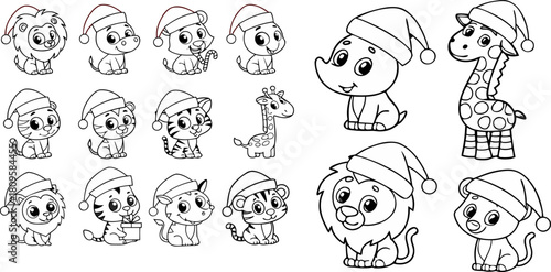 Black and white animal outline doodles with playful characters for coloring pages, kids books, logos and stickers. Clean line vector EPS