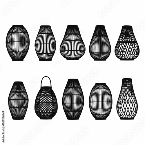 Set of ten black and white illustrations of various bamboo woven lampshades.