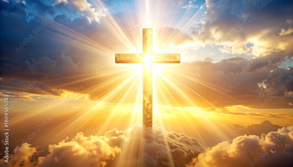 Fototapeta premium Radiant Cross and Sunbeams in Sky