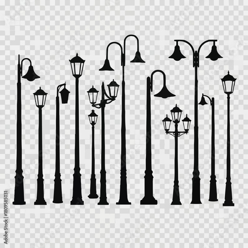 Collection of various street lamps silhouettes on transparent background.