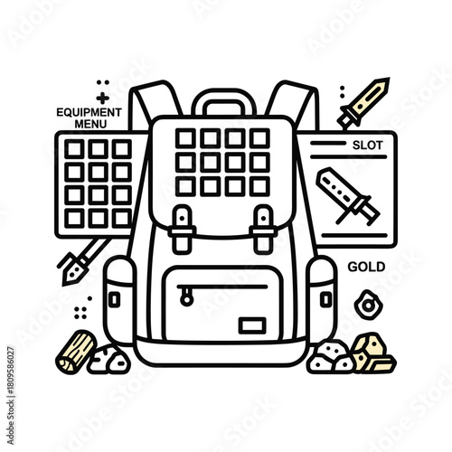 Game inventory backpack with equipment menu and items icon isolated on