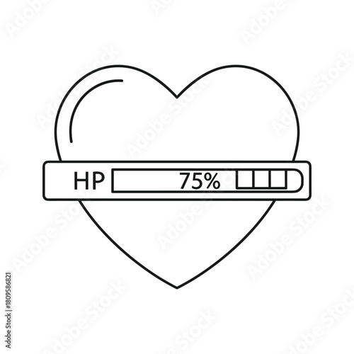 Heart outline with 75% health points bar, gaming concept, isolated on white