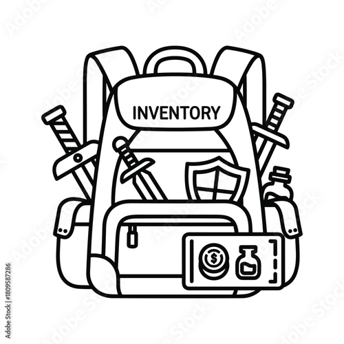Rpg game inventory backpack with swords, shield, coins, and potion