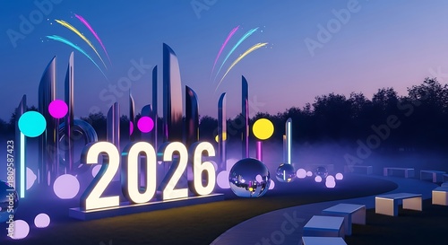 Futuristic cityscape with glowing numbers '2026' and abstract light installations, evoking a sense of innovation and forward-looking progress in a modern metropolis
