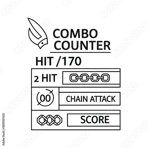 Combo counter game interface element, hit chain attack score display