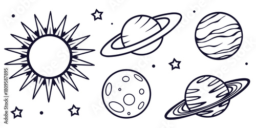 The sun and planets are depicted in a stylized illustration against a white background.