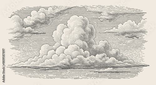 Engraved sky illustration with bold lines and clouds. Vintage black and white art featuring detailed texture and classic atmospheric design.