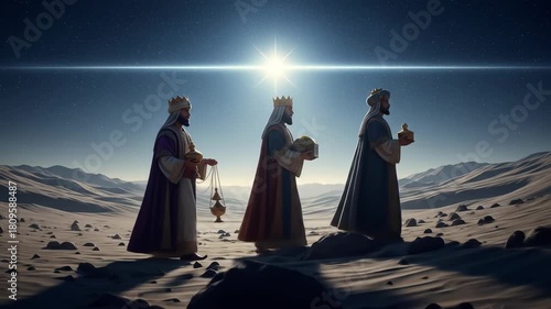 Three wise men or kings walking across a snowy landscape carrying gifts under the bright sun and a starry sky