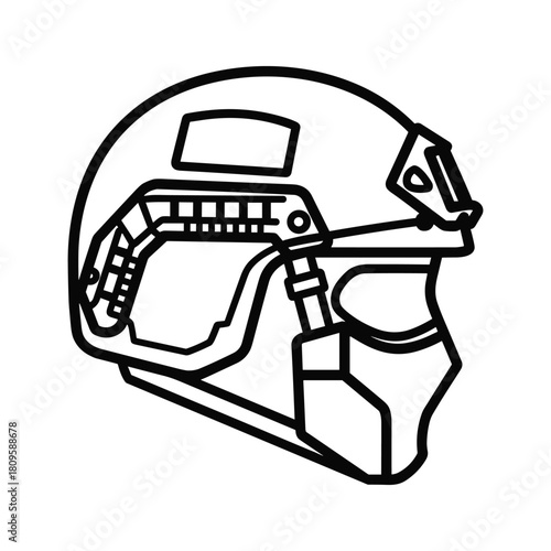Tactical military helmet with side rails and night vision mount, line art