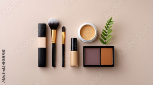Flat lay arrangement of beauty products including foundation, brushes, powder, and a green leaf against a soft neutral background for skincare and makeup purposes