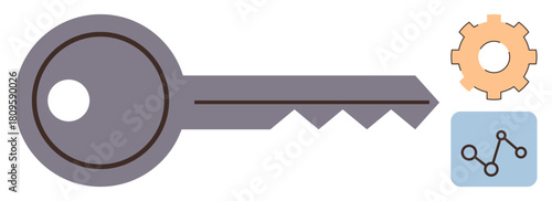 Key and accompanying gear and network icons represent security, access, connectivity, innovation, problem-solving, and technology. Ideal for digital security, automation, and system integration flat